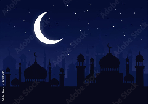 Flat design illustration vector of a serene nighttime cityscape with a crescent moon and stars, featuring a mosque silhouette in a dark blue and black color scheme.