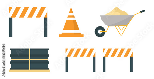Construction site elements including barriers cones wheelbarrow and barrels