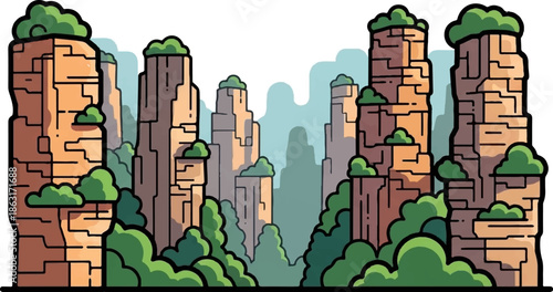 Stylized canyon landscape with layered rock formations and lush greenery