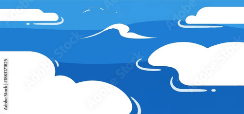 Stylized blue sky with fluffy white clouds in a flat, illustrative style
