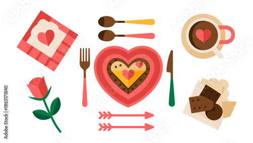 Romantic Feast Elements: A delightful array of culinary and decorative elements, perfect for a romantic dining experience, is presented in a flat lay style, evoking feelings of love and affection.