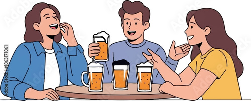 Three friends laughing and enjoying drinks together at a table, casual and happy