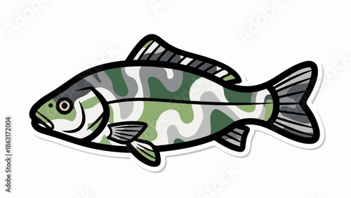 Stylized illustration of a fish featuring a green and gray camouflage pattern on its body, white background