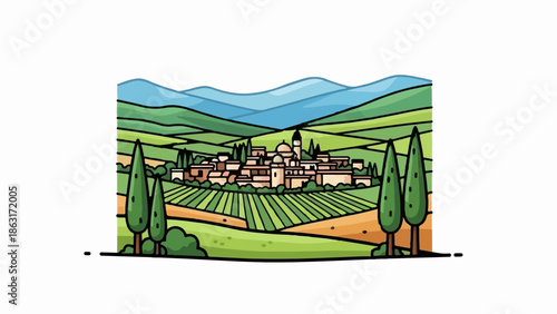 Stylized Italian countryside with village, cypress trees, and rolling hills