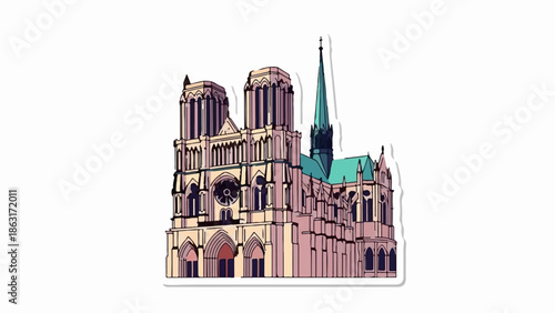 Stylized illustration of a grand cathedral with spires and intricate facade details