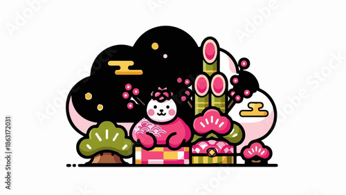 Stylized kawaii character with festive Japanese New Year decorations