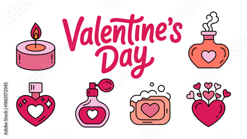 Valentine's Day Elements: A collection of charming Valentine's Day icons, featuring candles, perfumes and other symbols of love and affection.