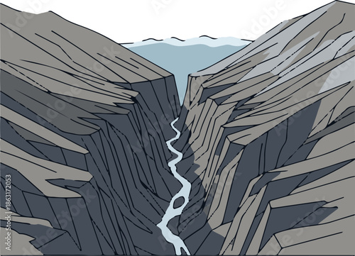 Stylized pixel art illustration of a deep canyon, featuring a winding river cutting through massive steep rock walls