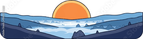 Stylized landscape illustration featuring a vibrant orange sun rising over blue mountains filled with misty clouds