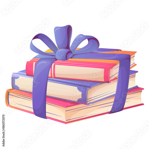 Composition of a stack of books wrapped with a ribbon and bow. Bookstore, book lover, reading literature concept. Vector illustration of colorful present of books	