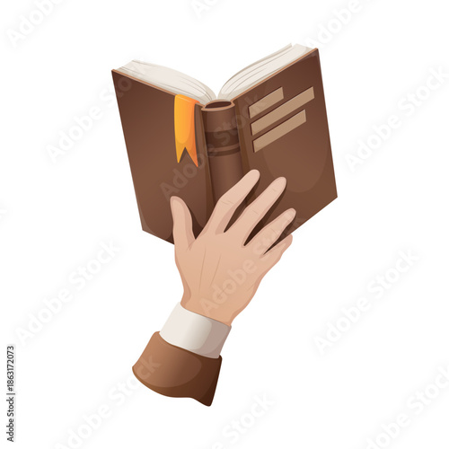 Vector illustration of a hand holding an open book with a bookmark. Education, reading, literature, studying, knowledge, library, and learning concept.