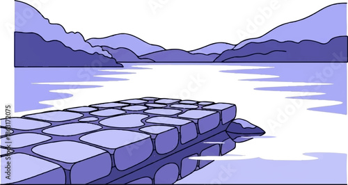 Stylized landscape of a stone dock extending into a calm body of water with rolling hills in the distance