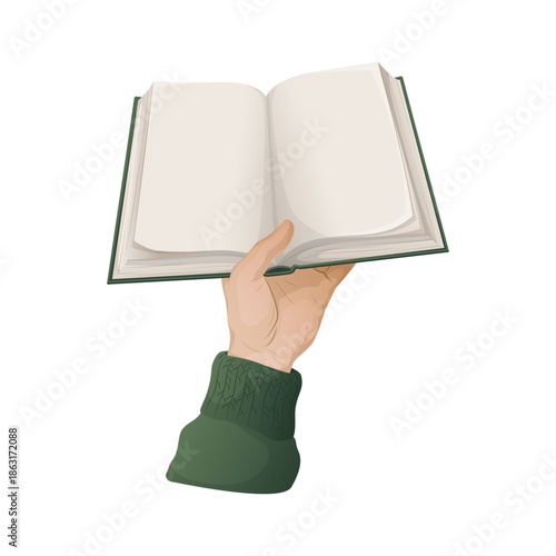Vector illustration of a hand holding an open book. Reading, education, studying, learning, literature, writing, notebook, and knowledge concept.