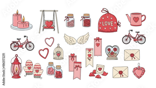 A Valentine's Day Assemblage: Charming illustrations for Valentine's Day, featuring candles, swings, wings, gifts, envelopes, and a bicycle
