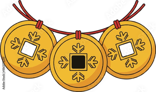 Three golden coins with square holes, linked by red cord, adorned with ornate symbols