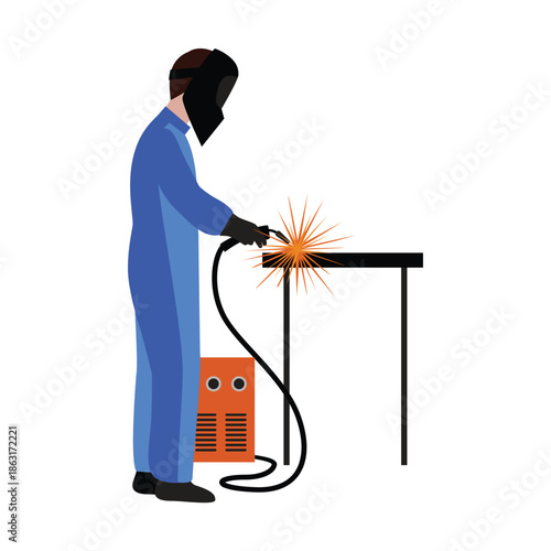 Welder working on a metal table with welding machine