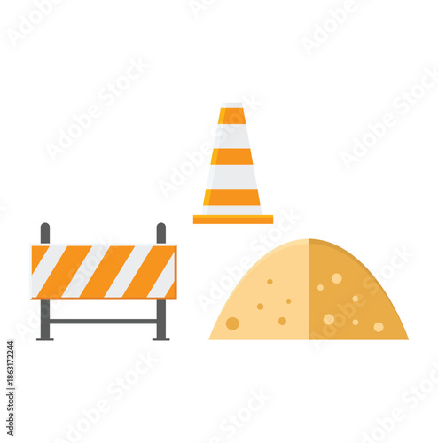 Construction site elements with barrier cone and sand pile