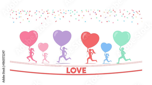 Run With Love: An artful illustration showing silhouettes of people joyfully running while carrying heart-shaped balloons, symbolizing the universal emotion of love and happiness.