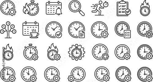 time management line icons set, deadline timer symbols, productivity clock outline collection, scheduling calendar reminders, workflow urgency icons