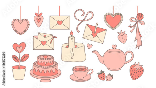 Sweetheart Embellishments: Charming, hand-drawn illustrations evoke the sweet essence of affection, featuring hearts, love notes, delicate ribbons, and culinary delights.