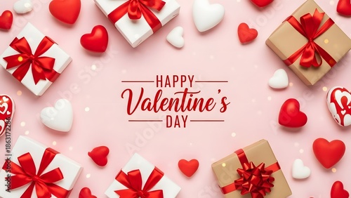 Happy Valentine's Day Gifts and Hearts on Pink Background