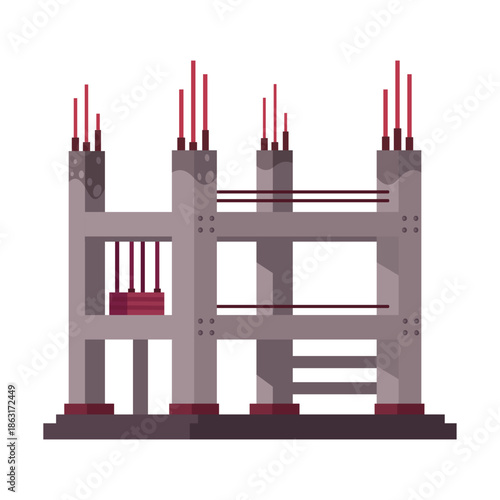 Concrete building frame with rebar and support beams