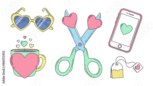 Love Elements: a composition featuring heart-shaped sunglasses, scissors, a smartphone, a mug, and a teabag, all infused with love-themed imagery.