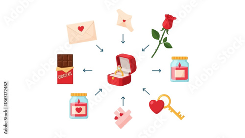 Romantic Gifts Illustration: A charming illustration, the image presents a collection of romantic gifts, each symbolizing love and affection. Centered around a ring box, the gifts include letters.