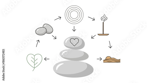 Balance and Serenity: A visual representation of harmony, well-being, and relaxation, with stacked stones as a focal point, complemented by symbols of nature and tranquility. 