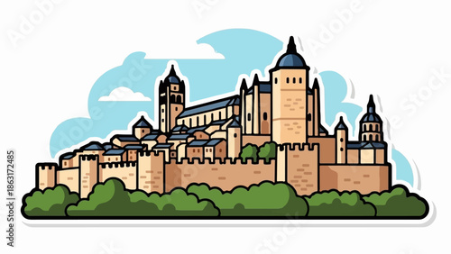 Stylized illustration of a historic city/castle with walls, towers, buildings, and green bushes