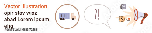 Business communication, logistics, advertising campaigns, transportation services, digital marketing, public messaging. A truck, speech bubble and a megaphone with icons. Business communication