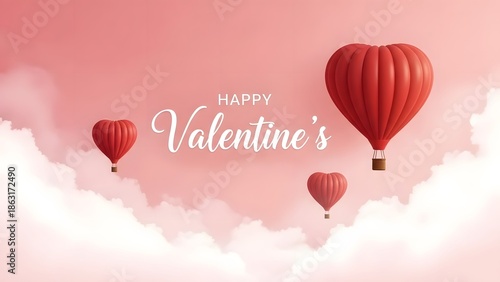 Red Heart Hot Air Balloons Floating in Pink Sky valentine Happy valentine's day