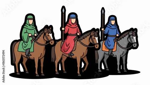 Three mounted figures in historical attire on horseback, holding spears