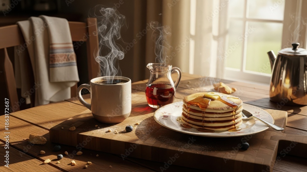 Obraz premium Delicious stack of pancakes with butter and syrup on wooden table