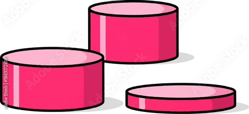 Three pink cylinders with black outlines cast faint shadows on a white background