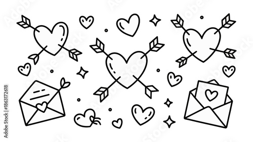 Valentine's Day Love Symbols: An illustration of hearts and arrows with love letters and elements that show the beauty of love.