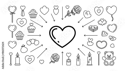 Love's Symbolic Array: A captivating array of delicate heart icons and charming design elements, radiating from a central heart, each symbol whispers of affection, tenderness.