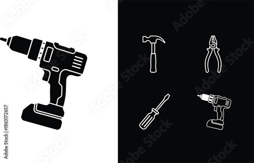 Industrial power tool and hardware icon set featuring a cordless electric drill, hammer, pliers, and screwdriver symbols.