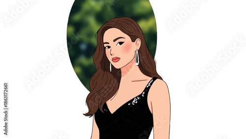 Stylized portrait of a woman in a black dress with long brown hair and earrings