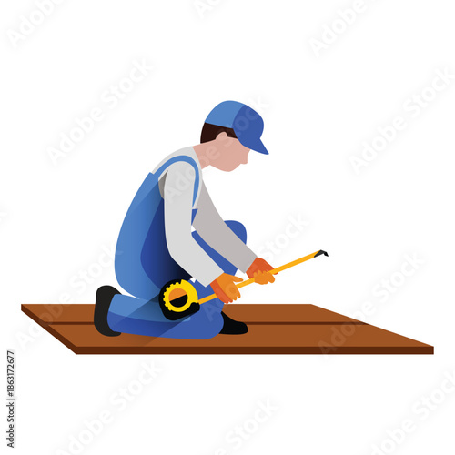 Construction worker measuring a wooden surface with a tape measure