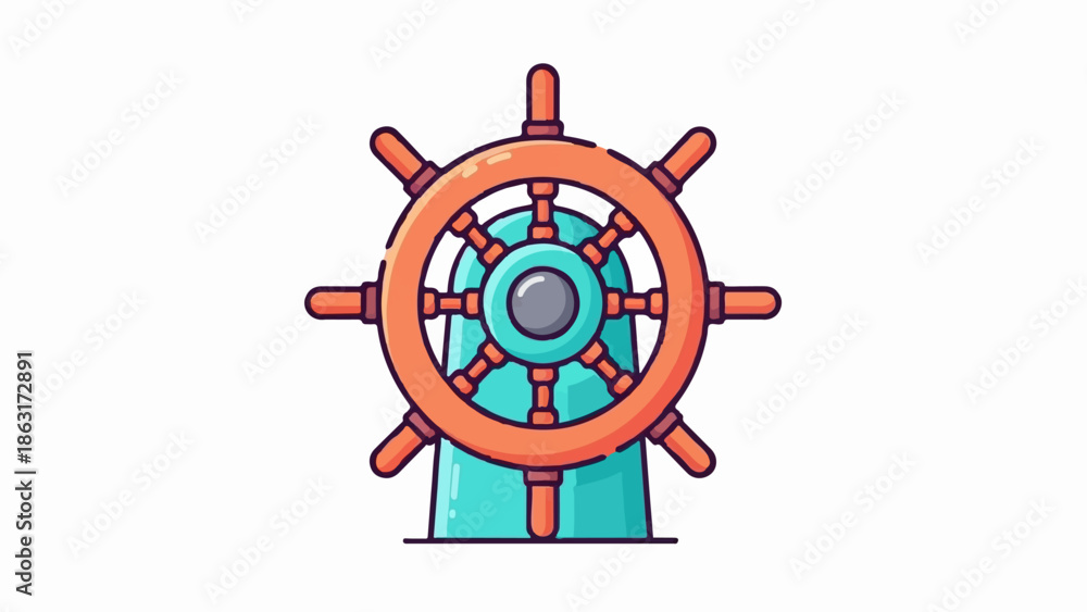 Obraz premium Stylized illustration of a nautical ship's wheel with orange spokes and a turquoise base