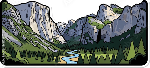 Stylized illustration of a majestic mountain valley with a winding river