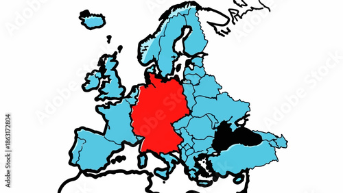 Stylized map of Europe with Germany highlighted in red, other countries in blue, and a black area