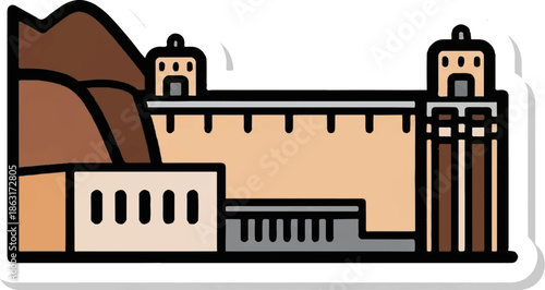 Stylized illustration of a massive dam structure with towers against a mountain backdrop