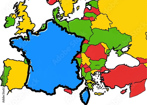 Stylized map of Europe with countries colored blue, red, yellow, and green