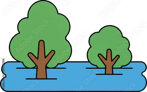 Two cartoon trees with green foliage and brown trunks stand in blue water