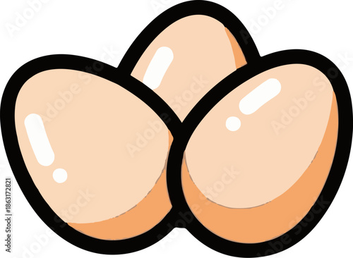Three simple, cartoon-style, light brown eggs with black outlines and white highlights