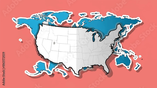 Stylized map of North America and Oceania with the USA highlighted in white