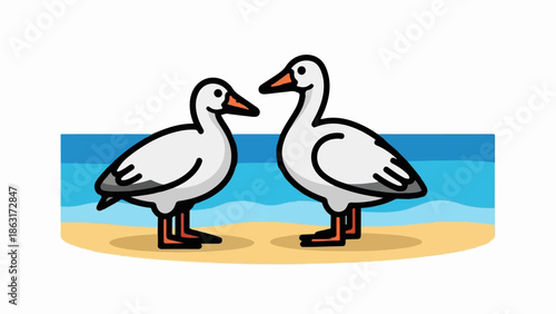 Two cartoon white ducks with orange beaks and feet stand on a sandy beach by blue water