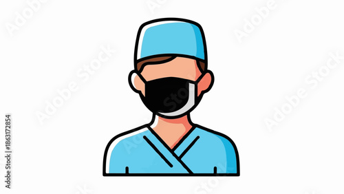 Stylized illustration of a medical professional in scrubs and surgical cap
